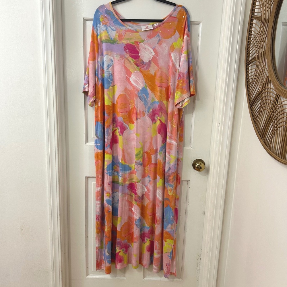 Quacker Factory Embellished Watercolor Maxi Dress 2X Artsy Beach‎ Resort Cruise